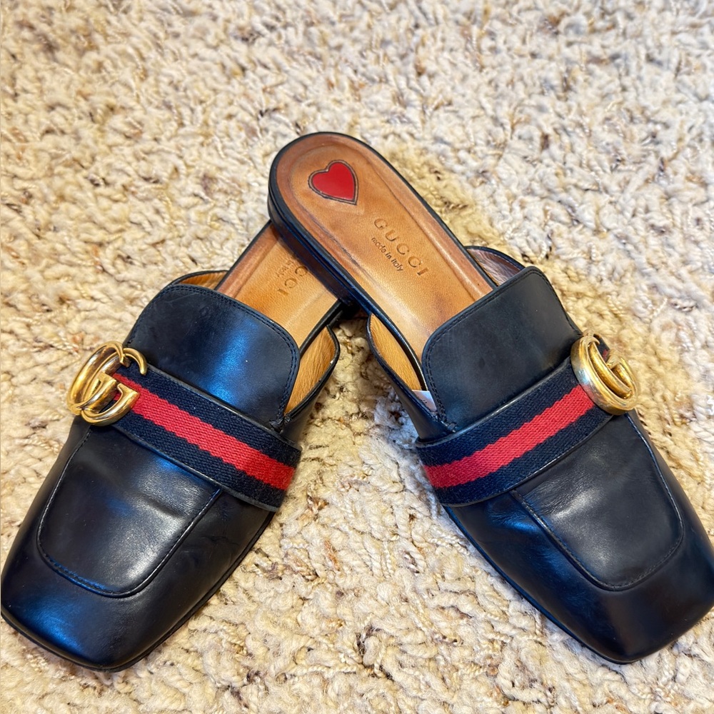 Gucci Black Leather Mules with Red-black Web and Gold Double G - Picture 7 of 11